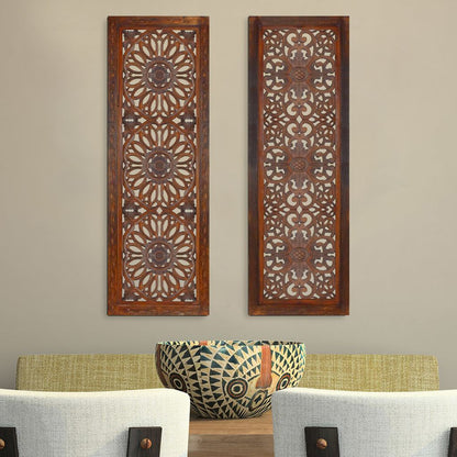 Set of 2 Hand Carved Mango Wood Wall Panels: Burnt Brown Medallion Design - View 6