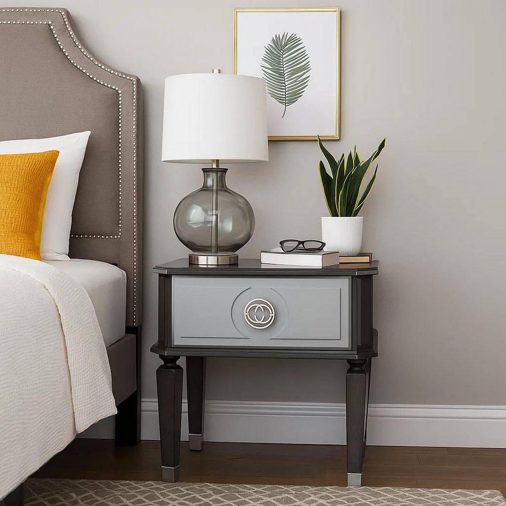 MDF End Table with 1 Drawer and Turned Tapered Legs, Gray and Silver - View 7
