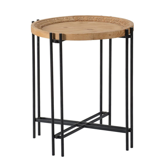 24 Inch Side Table, Modern, Round Tabletop, Carved Wood, Iron Frame, Brown