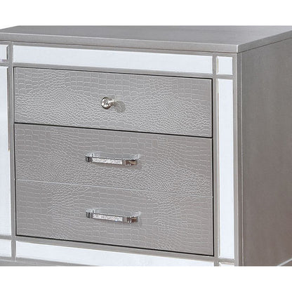 Three Drawer Solid Wood Nightstand with Mirror Accent Trim Front, Silver - View 3