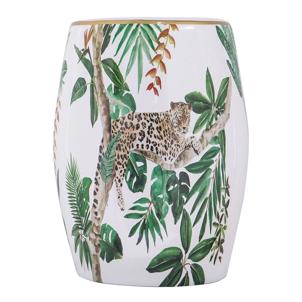 18 Inch Ceramic Accent Table, Drum Shape, Tropical Print, White, Green - View 4