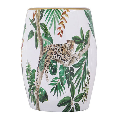 18 Inch Ceramic Accent Table, Drum Shape, Tropical Print, White, Green - View 4