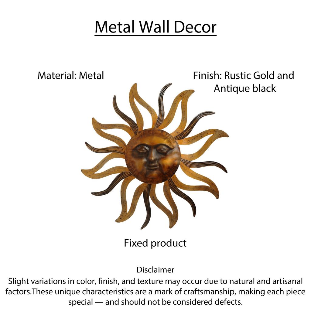 35 Inch Round Wall Mounted Sun Face Accent Decor, Carved Rustic Gold and Black Metal - View 7