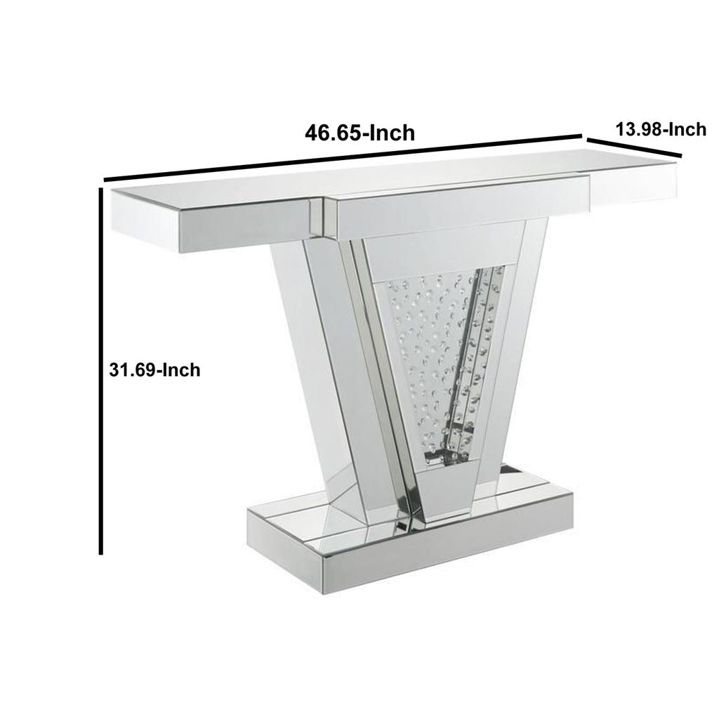 Wood and Mirror  Console Table with Faux Crystals Inlay, Clear - View 6