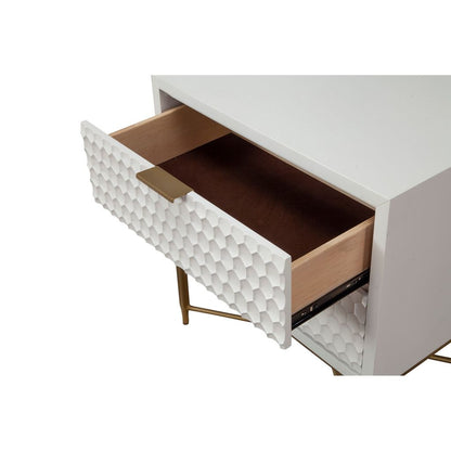Rexi 26 Inch 2 Drawer Nightstand, Honeycomb, Mahogany Wood, White, Gold - View 2