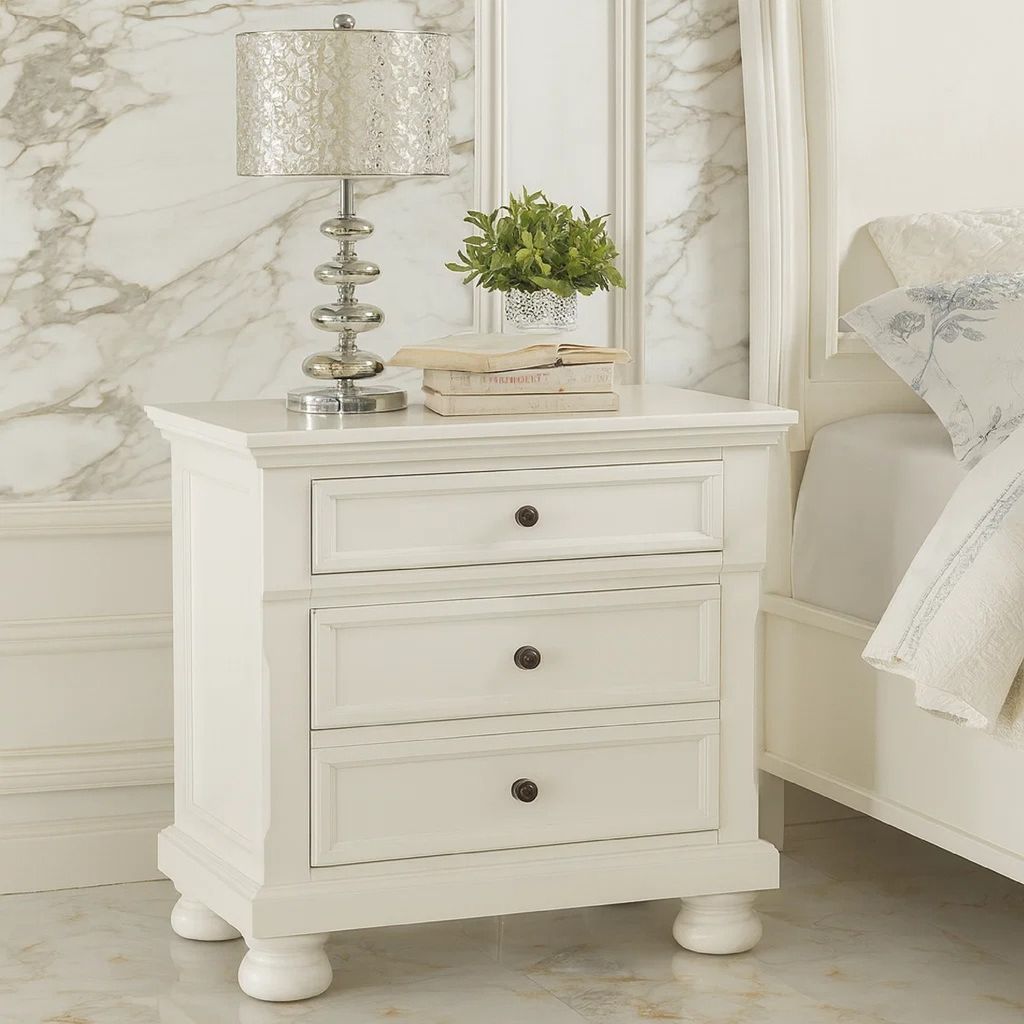 Transitional Style Two Drawer Wooden Night Stand with Round Bun Legs, White - View 7
