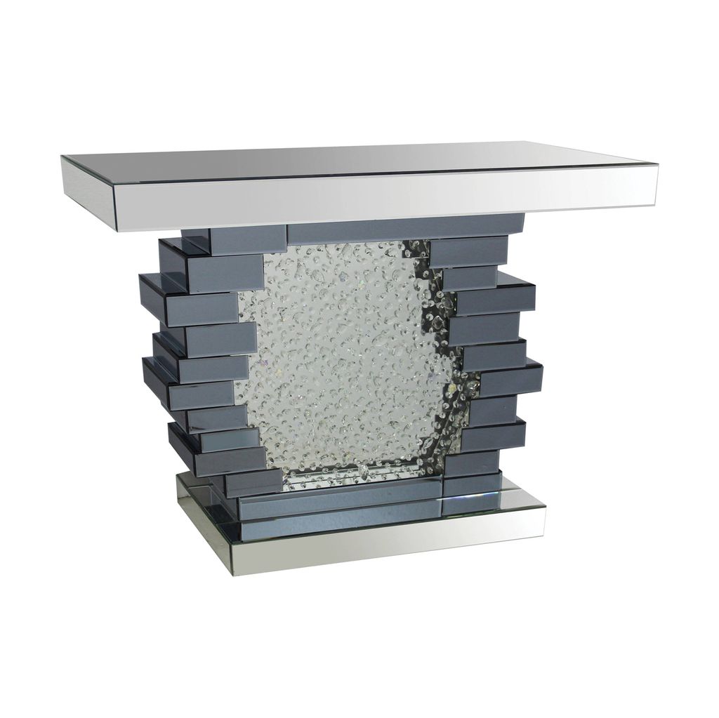 Wood and Mirror Console Table with Studded Faux Crystals, Black and Clear