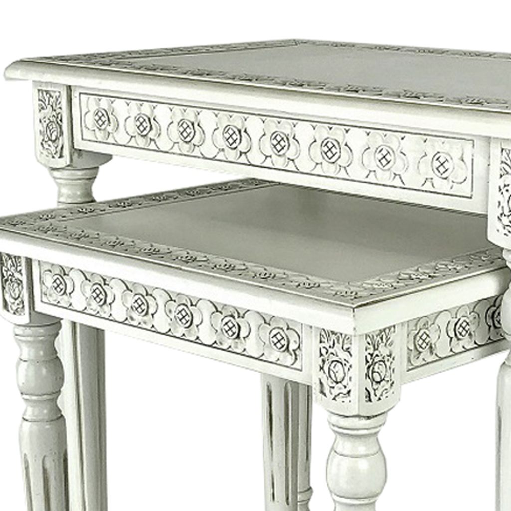 Elegantly Engraved Wooden Frame Nesting Table, Set of 2, Antique White - View 3