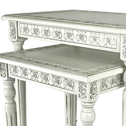 Elegantly Engraved Wooden Frame Nesting Table, Set of 2, Antique White - View 3