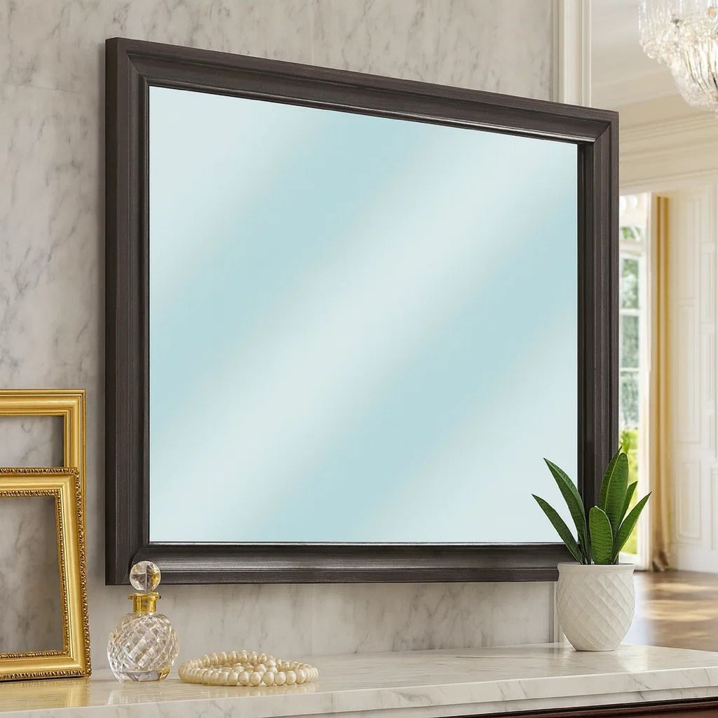 Mirror with Wooden Frame and Molded Detail, Dark Gray - View 7