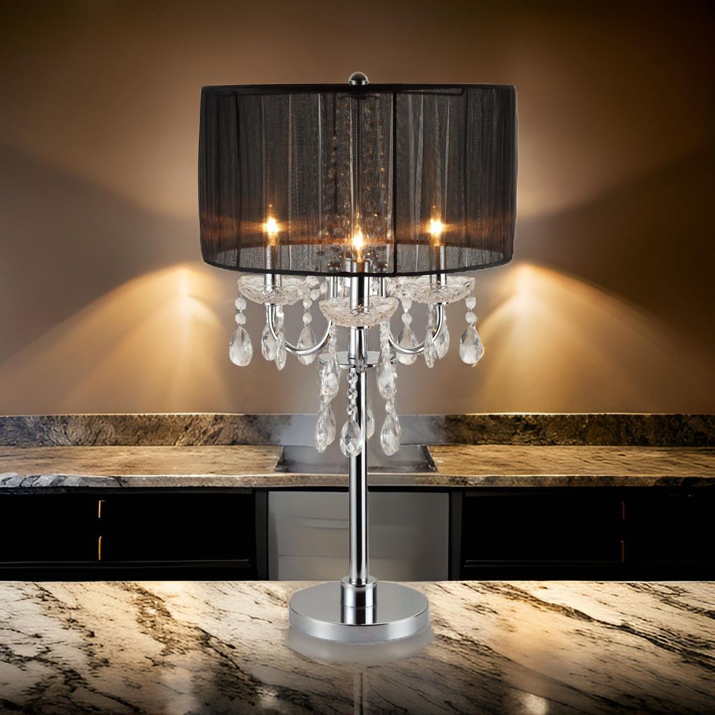 Metal Chandelier Table Lamp with Crystal Accent, Set of 2,Black and Chrome - View 7
