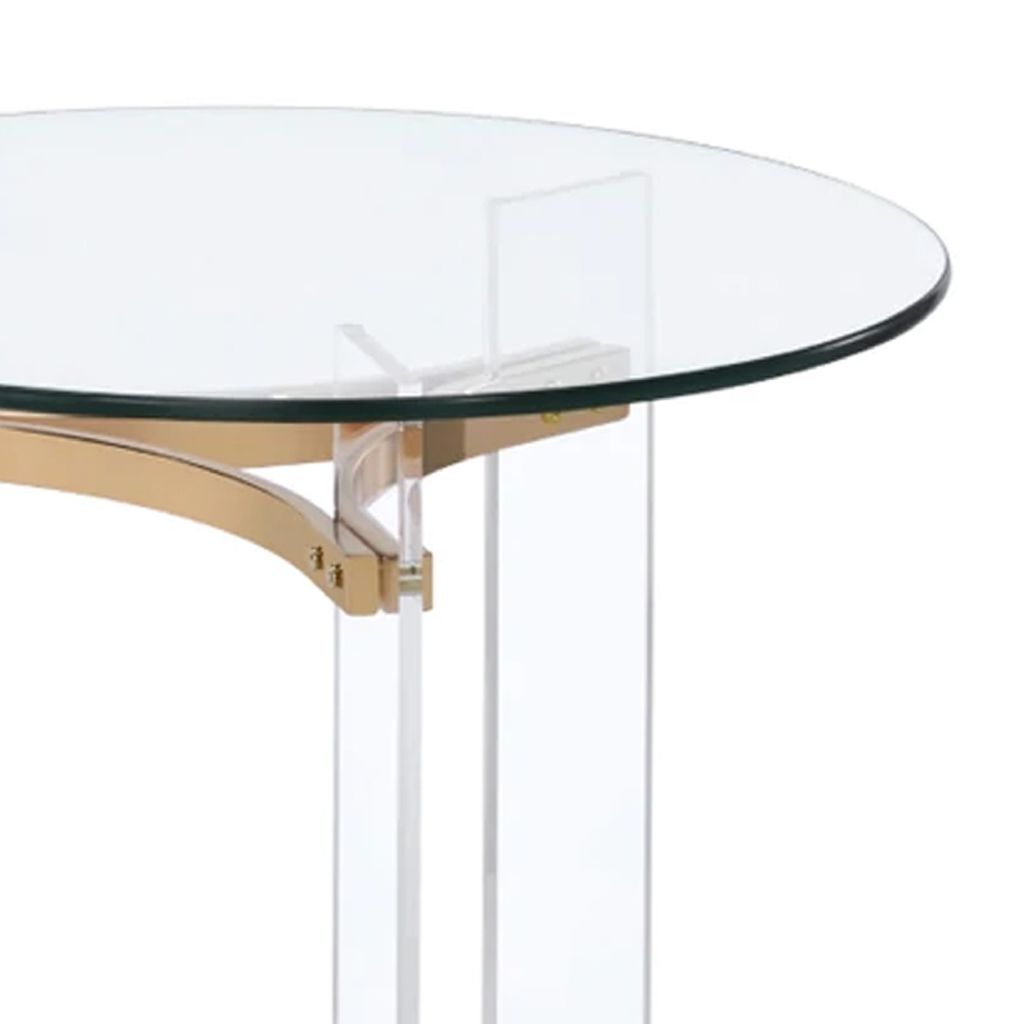 Hale 23 Inch Round End Table, Glass Top, Acrylic Legs, Clear, Gold - View 3