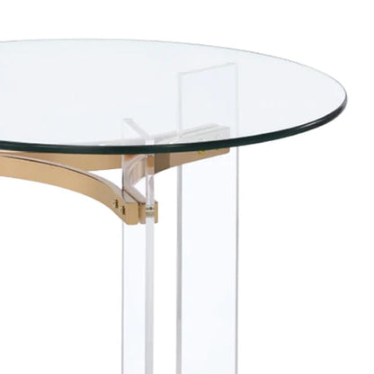 Hale 23 Inch Round End Table, Glass Top, Acrylic Legs, Clear, Gold - View 3