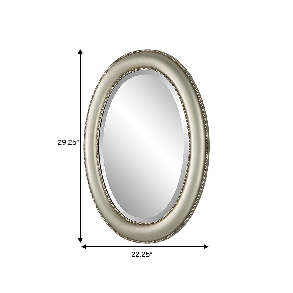 29 Inch Wood Wall Mirror, Beaded Oval Shape, Metallic Silver - View 6