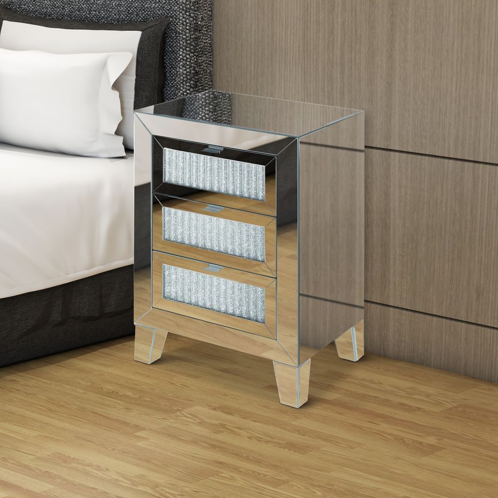 Contemporary Style Wooden Mirrored Night Table with 3 Drawers, Silver - View 6