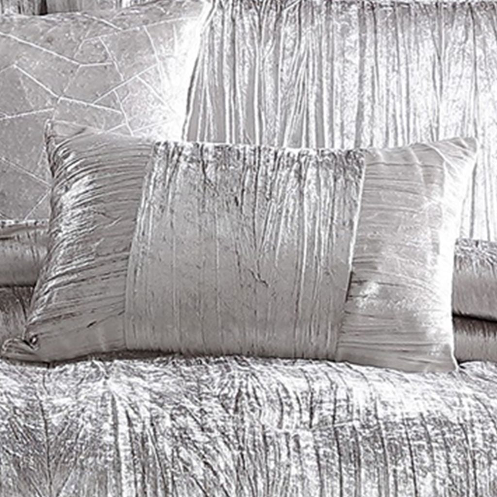 Queen Size 7 Piece Fabric Comforter Set with Crinkle Texture, Silver - View 4
