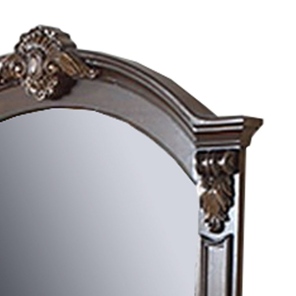 Scalloped Crown Top Wooden Frame Wall Mirror with Molded Details, Brown - View 4