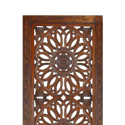 Set of 2 Hand Carved Mango Wood Wall Panels: Burnt Brown Medallion Design - View 2