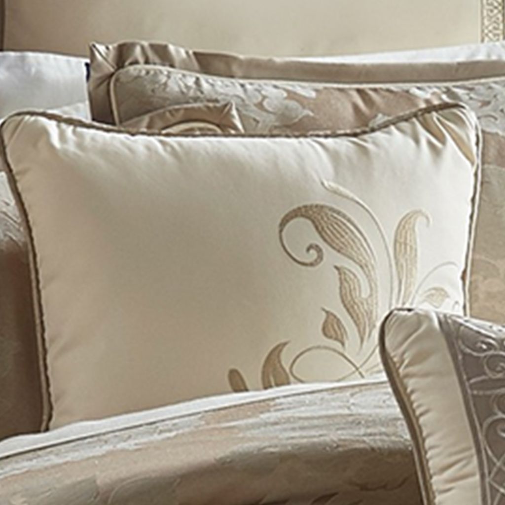 9 Piece Queen Polyester Comforter Set with Damask Print, Cream and Gold - View 5