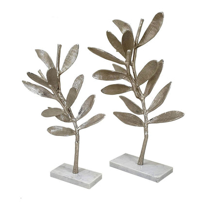 28, 23 Inch Set of 2 Metal Statuettess, Decorative Accent Olive Tree, White