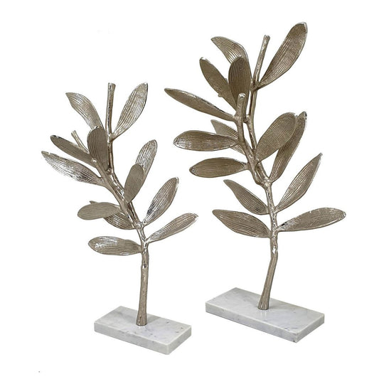 28, 23 Inch Set of 2 Metal Statuettess, Decorative Accent Olive Tree, White