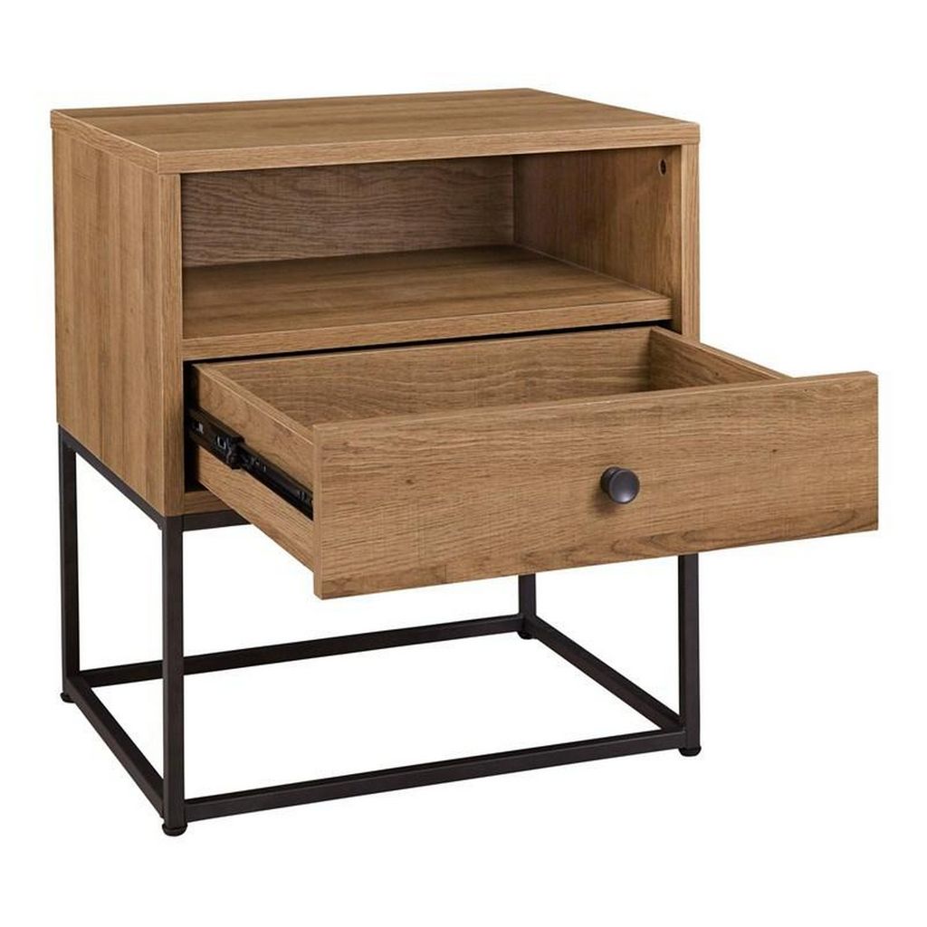 Mila 22 Inch Modern Wood Nightstand On Metal Base, Open Shelf, Light Brown - View 3