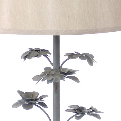 Flower Tree Design Metal Table Lamp Set of 2 with Tapered Drum Shade, Gray and Beige - View 3