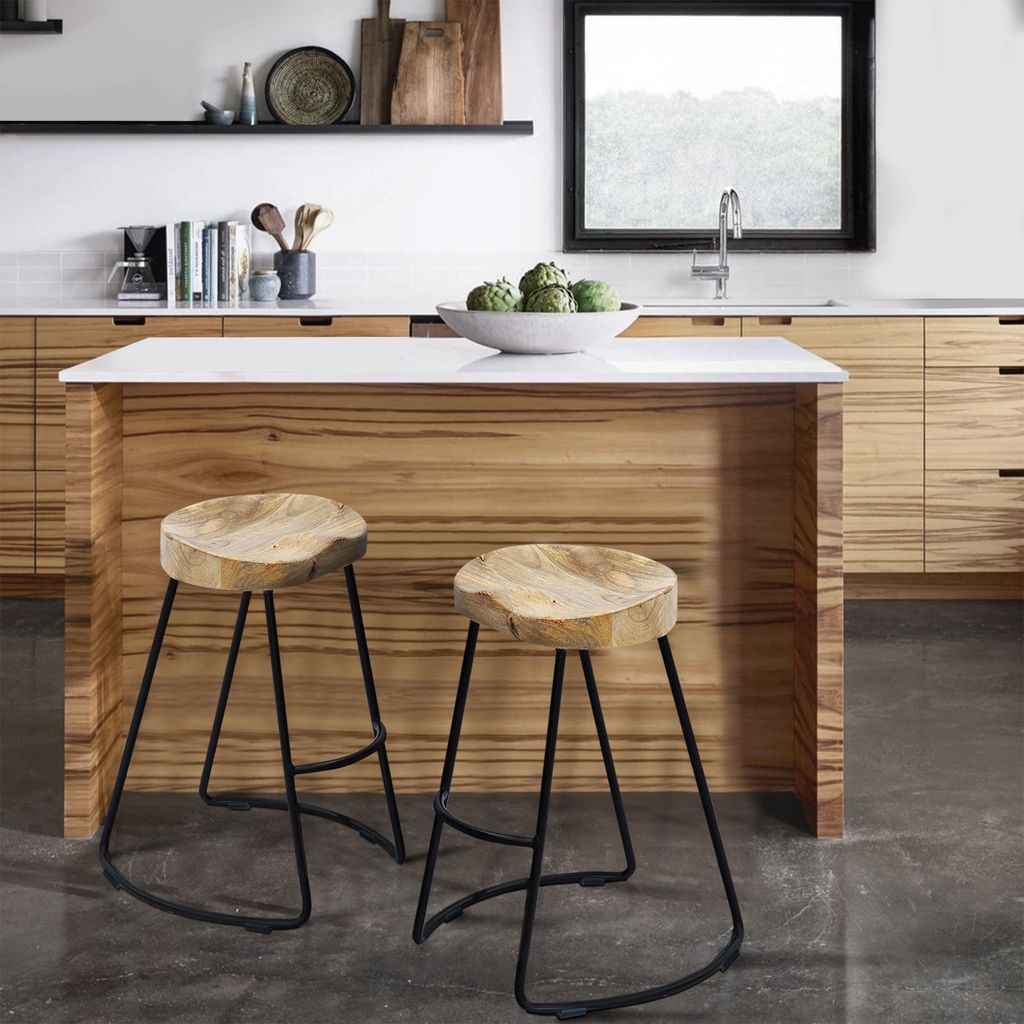 Ela 30 Inch Mango Wood Bar Stool, Saddle Seat, Iron Frame, Brown and Black - View 7