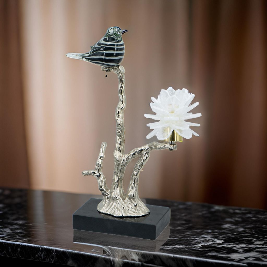 Sue 15 Inch Accent Decor Figurine, Bird on a Branch, Flower, Black, Silver - View 7