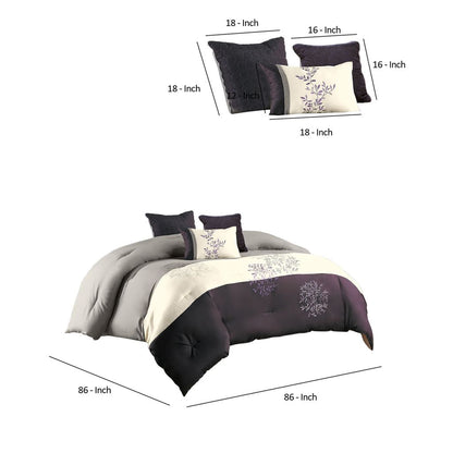 7 Piece King Polyester Comforter Set with Leaf Embroidery, Gray and Purple - View 6