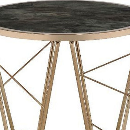 End Table with Glass Top and Geometric Frame, Black and Gold - View 4