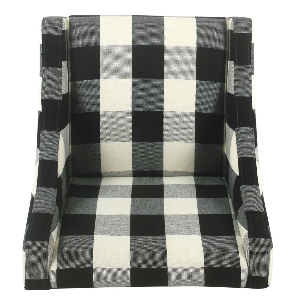Fabric Upholstered Wooden Accent Chair with Buffalo Plaid Pattern, Black and White - View 5