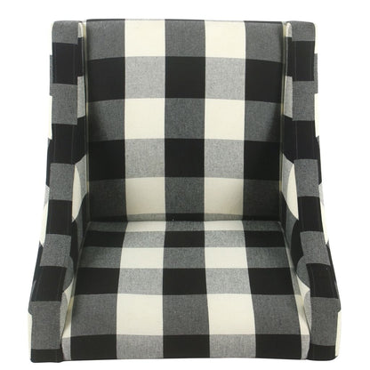 Fabric Upholstered Wooden Accent Chair with Buffalo Plaid Pattern, Black and White - View 5