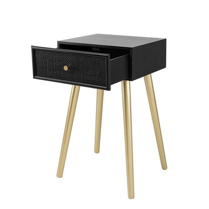 Gaia 28 Inch Pine Wood Side End Table, Gliding Rattan Drawer, Black, Gold - View 3