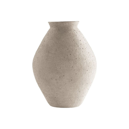 Dale 17 Inch Round Polyresin Vase, Tightly Ribbed Texture, Antique Beige