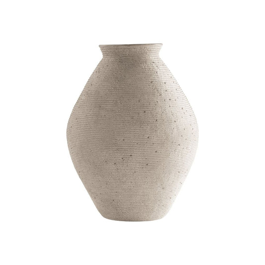Dale 17 Inch Round Polyresin Vase, Tightly Ribbed Texture, Antique Beige