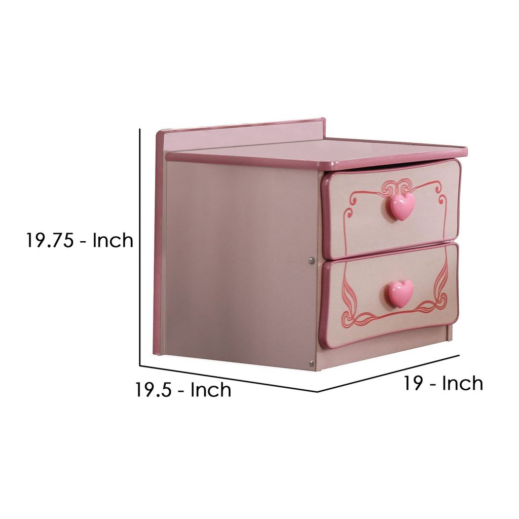 2 Drawer Wooden Nightstand with Heart Knob Pulls, Pink - View 5