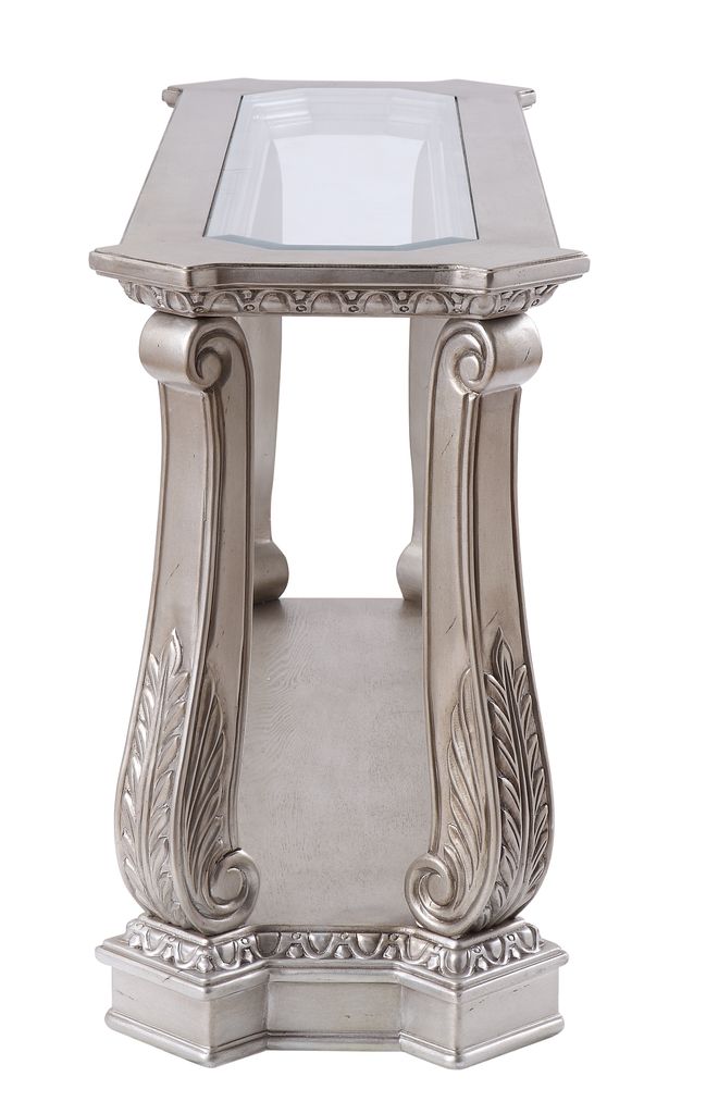 Antique Sofa Table with Polyresin Engravings and Clear Glass Top, Silver and Clear - View 3