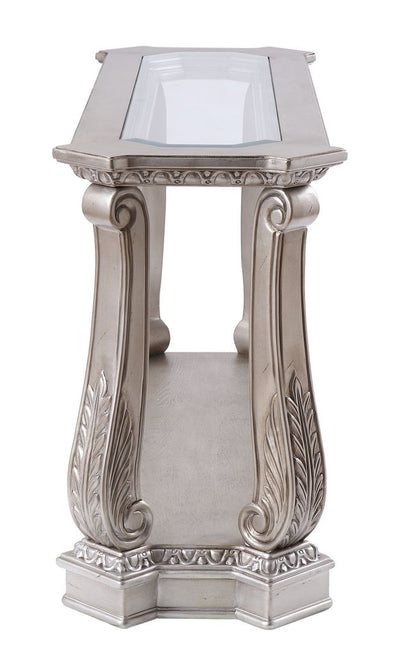 Antique Sofa Table with Polyresin Engravings and Clear Glass Top, Silver and Clear - View 3