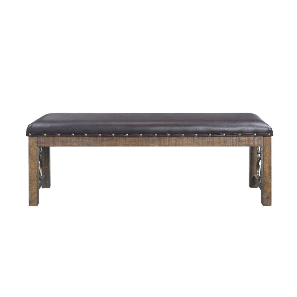 Ral 56 Inch Solid Wood Padded Bench, Metal Scroll Design, Nailhead, Brown - View 3