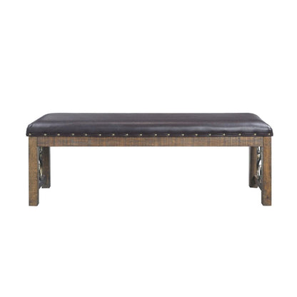 Ral 56 Inch Solid Wood Padded Bench, Metal Scroll Design, Nailhead, Brown - View 3