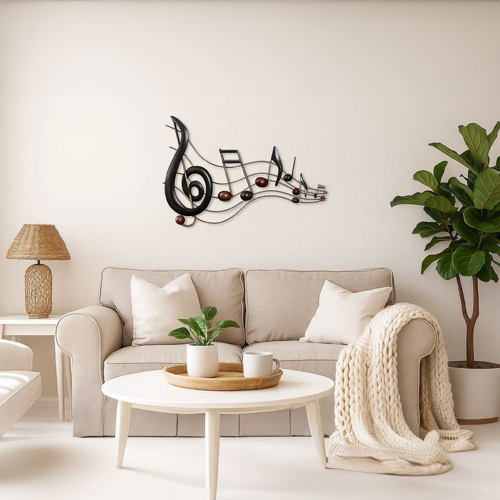 26 Inch Handmade Metal Wall Mount Accent Decor with Musical Notes and Treble Clef, Black, Red - View 7