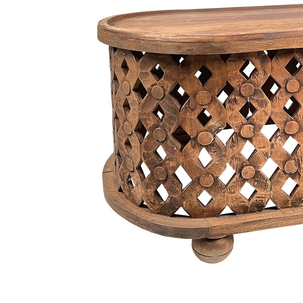 36 Inch Handcrafted Oval Coffee Table, Intricate Cutout Design, Antique Brown - View 4