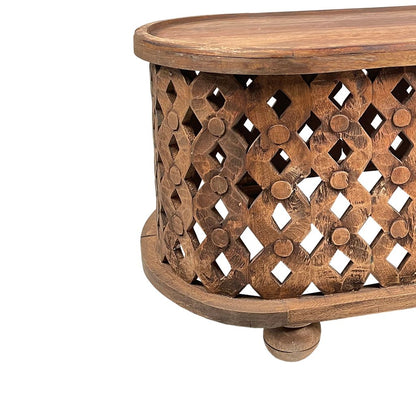36 Inch Handcrafted Oval Coffee Table, Intricate Cutout Design, Antique Brown - View 4