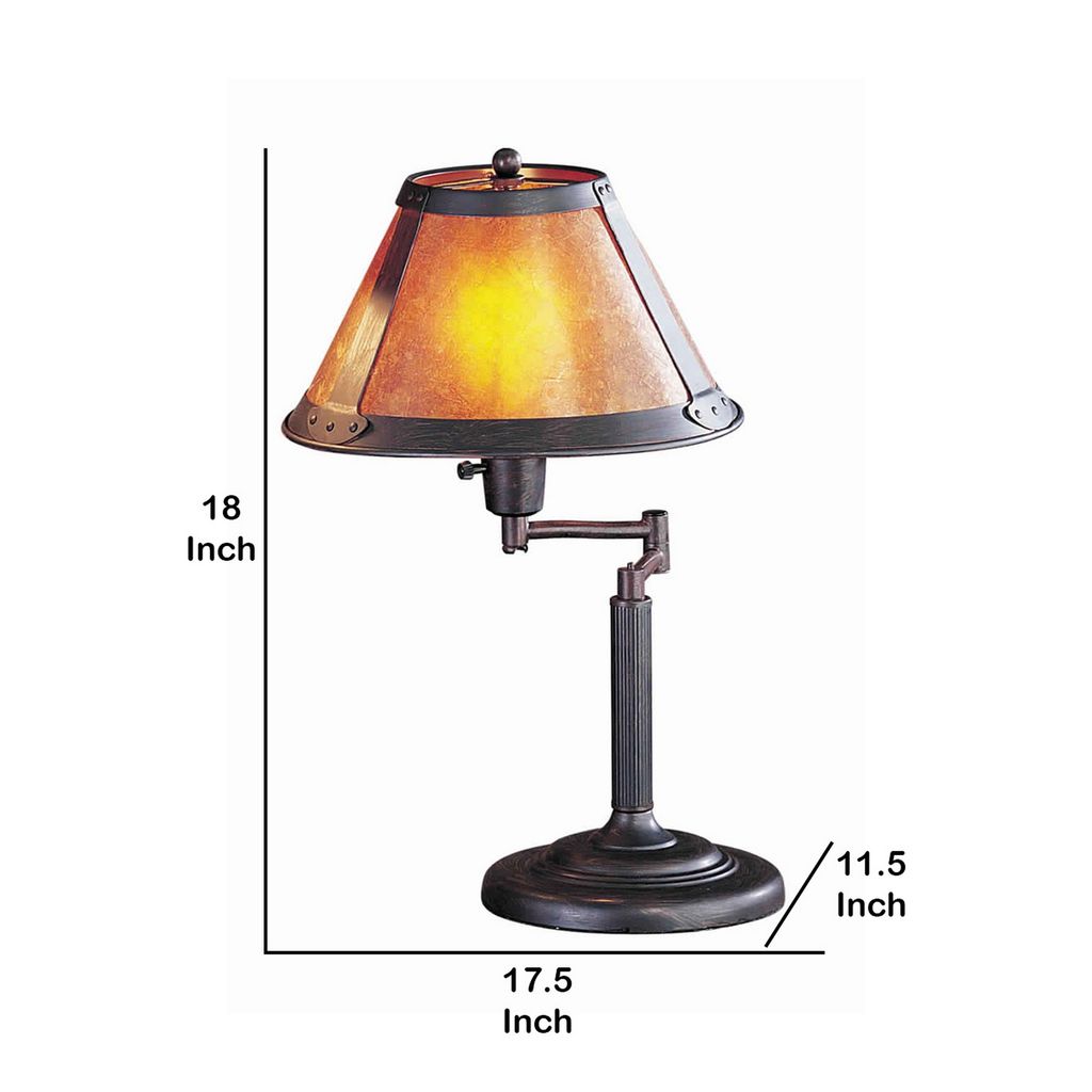 Metal Body Swing Arm Table Lamp with Conical Mica Shade, Bronze - View 6