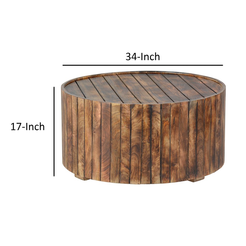 34 Inch Handmade Wooden Round Coffee Table with Plank Design, Burned Brown - View 5