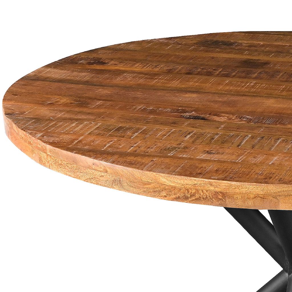 48 Inch Handcrafted Dining Table, Solid Mango Wood Round Top with Iron Crisscrossed Legs, Natural Br - View 4