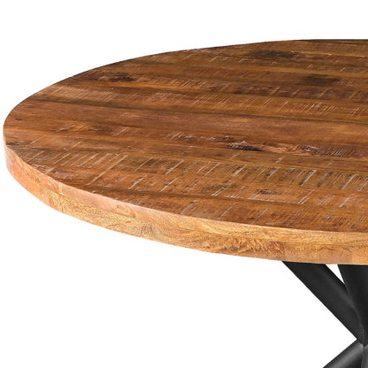 48 Inch Handcrafted Dining Table, Solid Mango Wood Round Top with Iron Crisscrossed Legs, Natural Br - View 4
