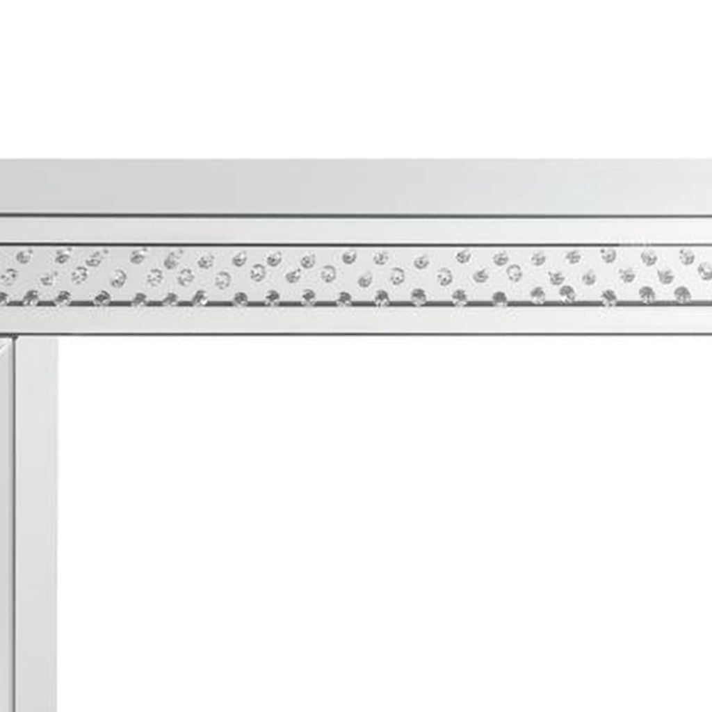 Mirror Accented Wood And Glass Vanity Desk With Faux Crystal Inlay, Silver - View 5