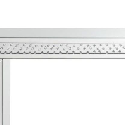 Mirror Accented Wood And Glass Vanity Desk With Faux Crystal Inlay, Silver - View 5